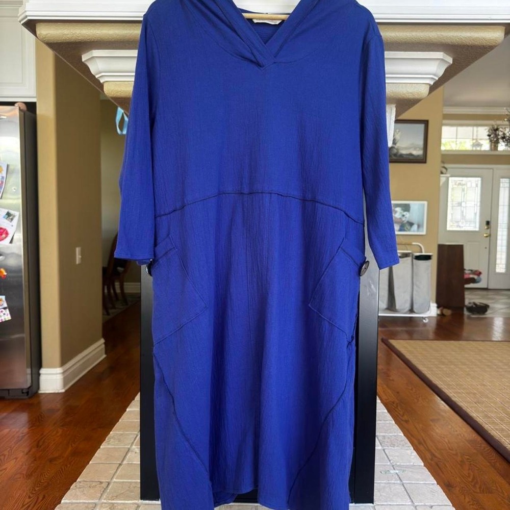 Soft Surroundings blue asymetric hooded tunic dress lagenlook boho hippie indie